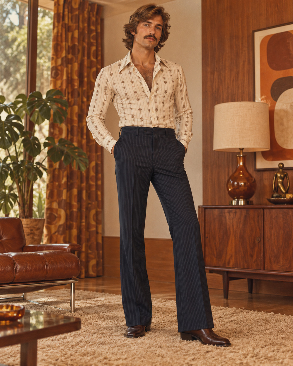 Mens Vintage Sears 70s Navy Blue Pinstripe Flare Pants Disco Mod Hippie 29x27